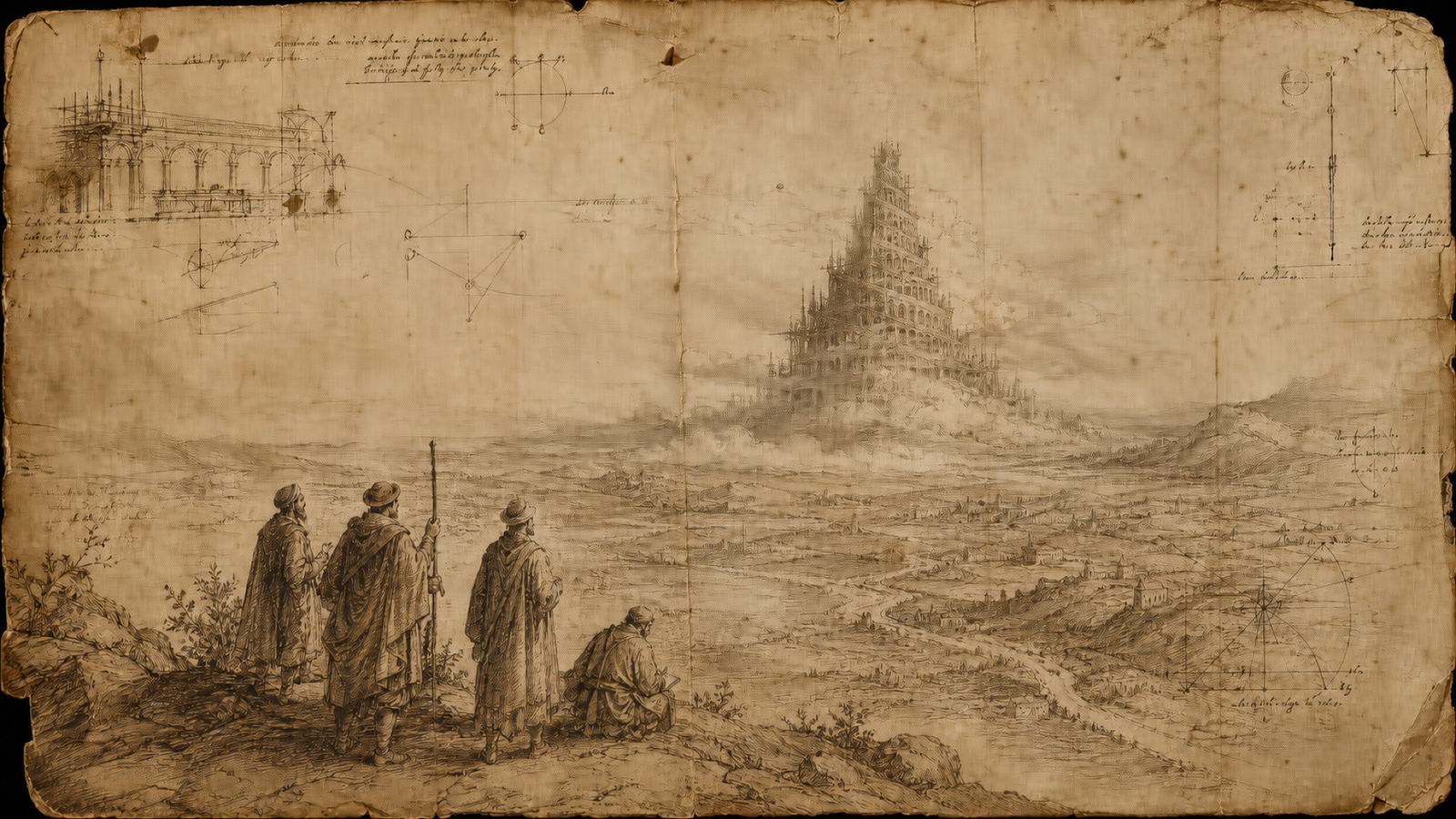 Ilustração da Torre de Babel em bico de pena com traços renascentistas