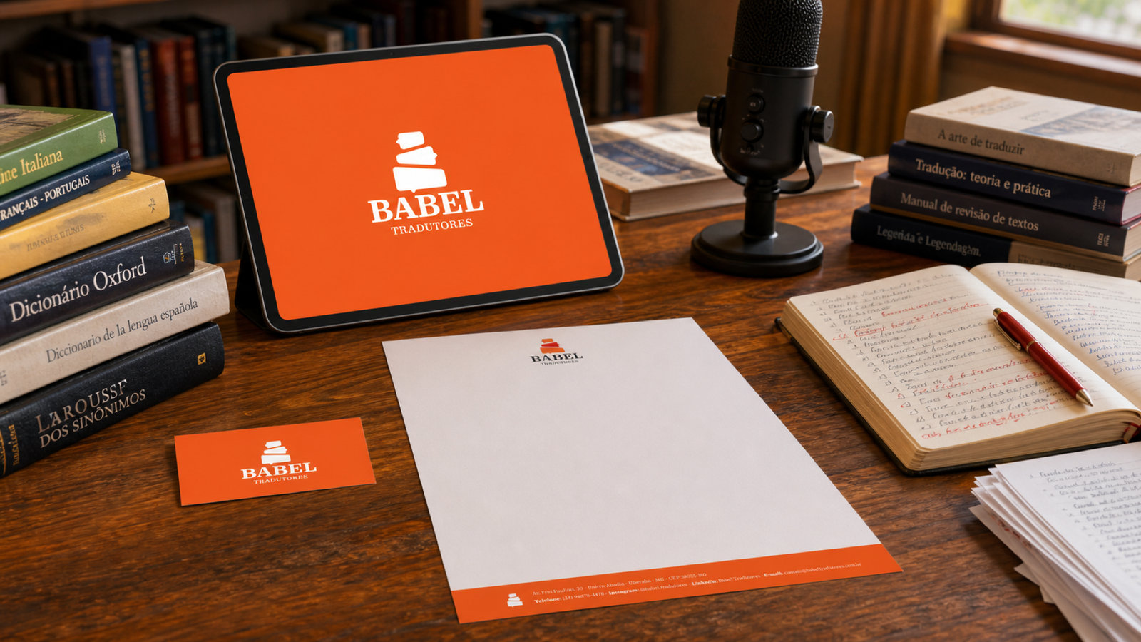 Aplicações da Babel Tradutores em ambiente editorial com livros, tablet e anotações de revisão